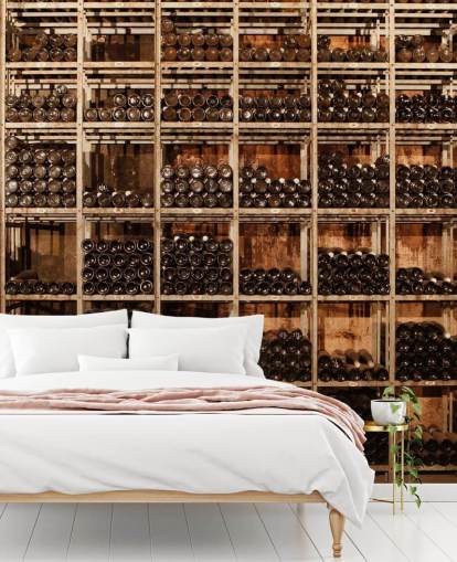 dark customisable wine cellar wallpaper mural called Wine Racks by Image Source for restaurants, kitchens and basements