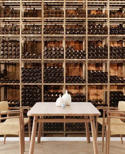 mural oscuro personalizable de papel pintado de bodega llamado Wine Racks de Image Source para restaurantes, cocinas y sótanos