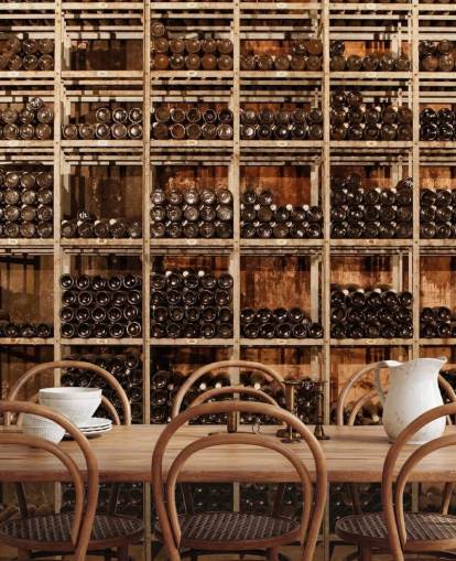 dark customizable wine cellar wallpaper mural called Wine Racks by Image Source for restaurants, kitchens and basements