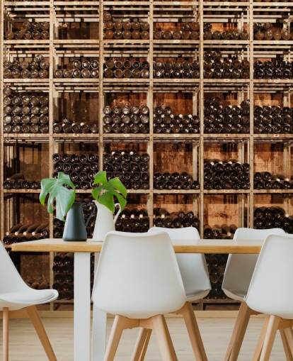 mørkt tilpassbart tapetmaleri for vinkjeller kalt Wine Racks av Image Source for restauranter, kjøkken og kjellere