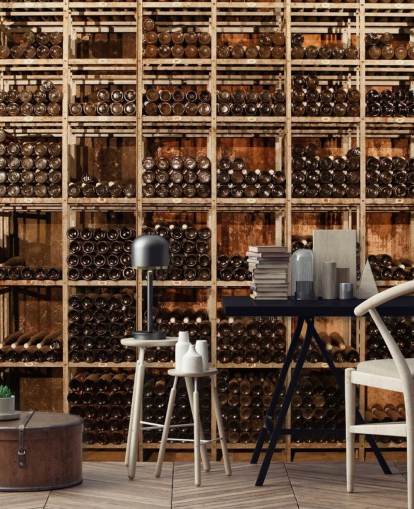 mørkt tilpasseligt vinkældertapetmaleri kaldet Wine Racks fra Image Source til restauranter, køkkener og kældre