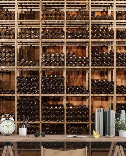 mural oscuro personalizable de papel pintado de bodega llamado Wine Racks de Image Source para restaurantes, cocinas y sótanos