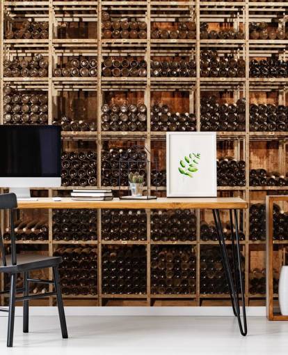 dark customisable wine cellar wallpaper mural called Wine Racks by Image Source for restaurants, kitchens and basements