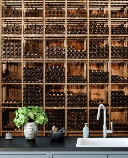 dark customisable wine cellar wallpaper mural called Wine Racks by Image Source for restaurants, kitchens and basements