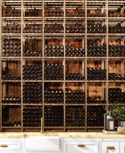 carta da parati murale scura personalizzabile con cantina di vini chiamata Wine Racks di Image Source per ristoranti, cucine e scantinati