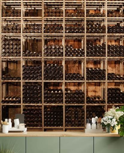 dark customizable wine cellar wallpaper mural called Wine Racks by Image Source for restaurants, kitchens and basements