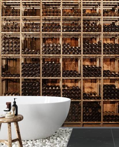 donkere aanpasbare wijnkelder behangmuurschildering genaamd Wine Racks by Image Source voor restaurants, keukens en kelders