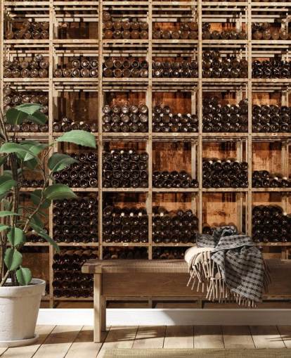 dark customizable wine cellar wallpaper mural called Wine Racks by Image Source for restaurants, kitchens and basements