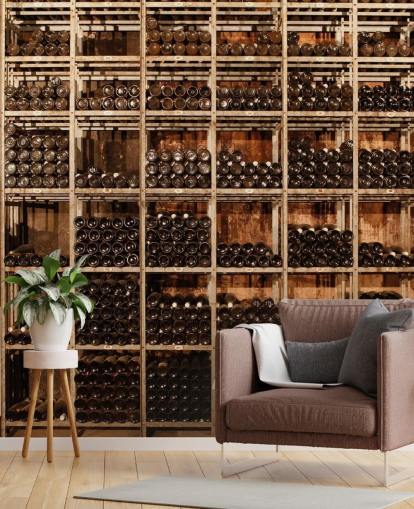 mørkt tilpassbart tapetmaleri for vinkjeller kalt Wine Racks av Image Source for restauranter, kjøkken og kjellere