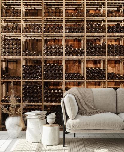 carta da parati murale scura personalizzabile con cantina di vini chiamata Wine Racks di Image Source per ristoranti, cucine e scantinati