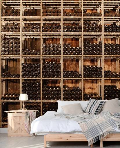 dark customisable wine cellar wallpaper mural called Wine Racks by Image Source for restaurants, kitchens and basements