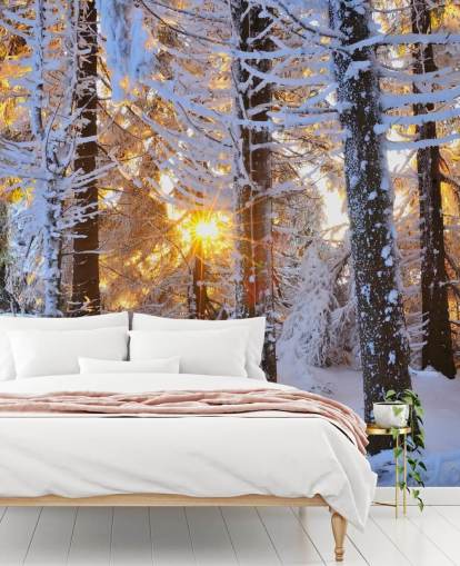 Muurschildering met sneeuw bedekte bomen Muurschildering met sneeuw bedekte bomen