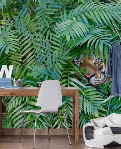 mural de papel de parede de tigre verde personalizável chamado Tiger Hide and Seek para lounges