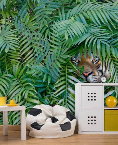 green customisable tiger wallpaper mural called Tiger Hide and Seek for lounges