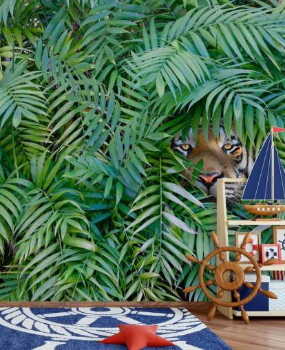 groene aanpasbare tijgerbehangmuurschildering genaamd Tiger Hide and Seek voor lounges groene aanpasbare tijgerbehangmuurschildering genaamd Tiger Hide and Seek voor lounges