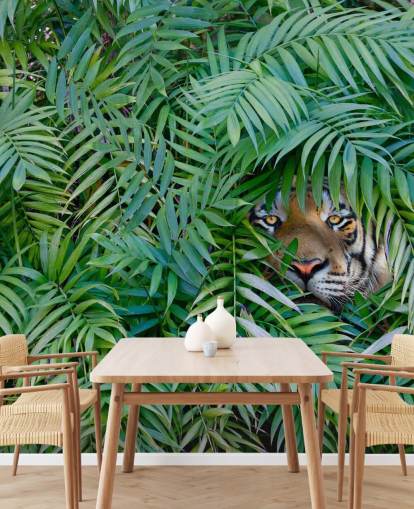 Tiger Peeking from Palm Leaves Wallpaper Tiger Peeking from Palm Leaves Wallpaper