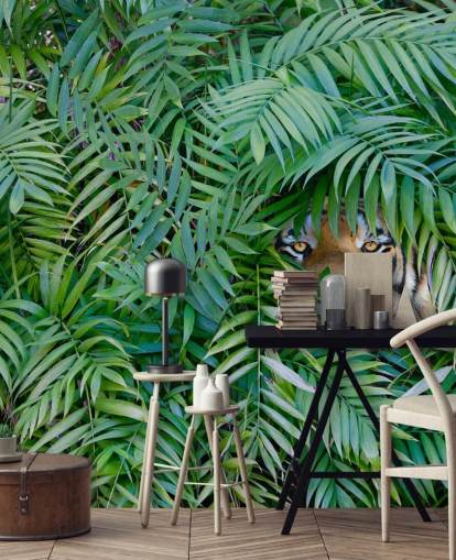 grüne, personalisierbare Tiger-Tapete namens Tiger Hide and Seek für Lounges grüne, personalisierbare Tiger-Tapete namens Tiger Hide and Seek für Lounges