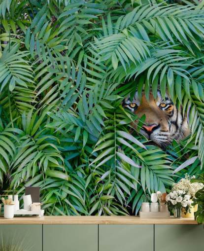 grønt tilpassbart tiger tapetmaleri kaldet Tiger Hide and Seek til lounger