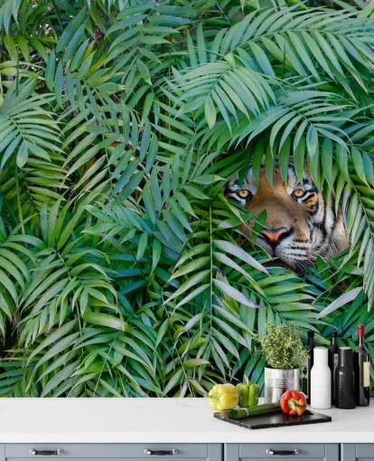 grønt tilpassbart tiger tapet veggmaleri kalt Tiger Hide and Seek for salonger