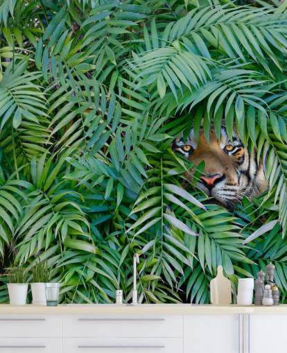 green customizable tiger wallpaper mural called Tiger Hide and Seek for lounges