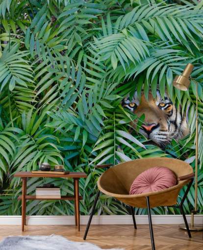 green customisable tiger wallpaper mural called Tiger Hide and Seek for lounges