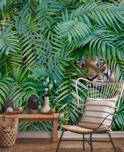 carta da parati murale verde personalizzabile con tigre chiamata Tiger Hide and Seek per salotti carta da parati murale verde personalizzabile con tigre chiamata Tiger Hide and Seek per salotti