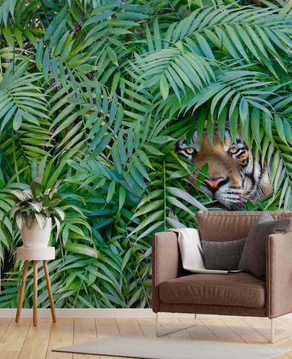 grønt tilpassbart tiger tapet veggmaleri kalt Tiger Hide and Seek for salonger