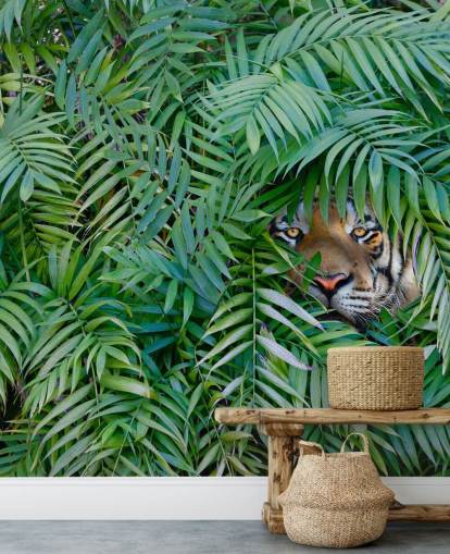mural verde personalizable de papel pintado de tigre llamado Tiger Hide and Seek para salones