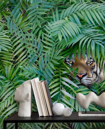 green customizable tiger wallpaper mural called Tiger Hide and Seek for lounges