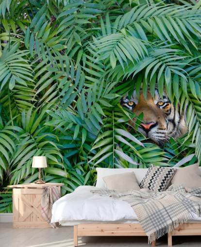carta da parati murale verde personalizzabile con tigre chiamata Tiger Hide and Seek per salotti