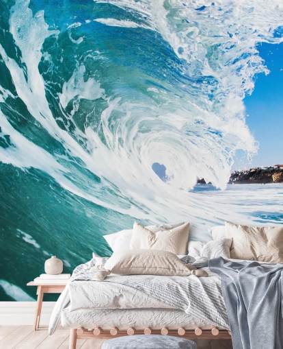 carta da parati murale con onde blu chiamata Rolling Waves di Image Source per camere da letto e sale giochi per adolescenti