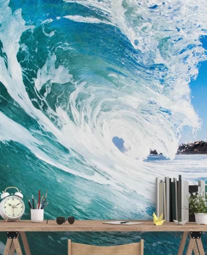 blauwe golfbehangmuurschildering genaamd Rolling Waves van Image Source voor tienerkamers en speelkamers