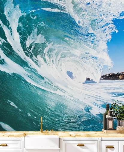 carta da parati murale con onde blu chiamata Rolling Waves di Image Source per camere da letto e sale giochi per adolescenti