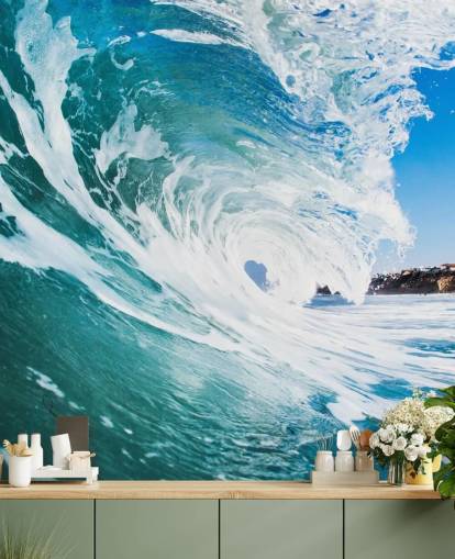 carta da parati murale con onde blu chiamata Rolling Waves di Image Source per camere da letto e sale giochi per adolescenti