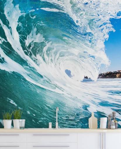 blauwe golfbehangmuurschildering genaamd Rolling Waves van Image Source voor tienerkamers en speelkamers