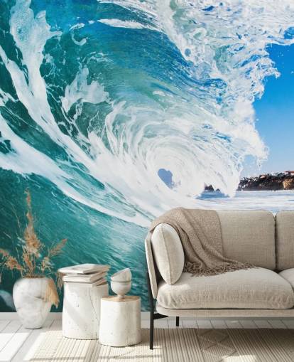 carta da parati murale con onde blu chiamata Rolling Waves di Image Source per camere da letto e sale giochi per adolescenti