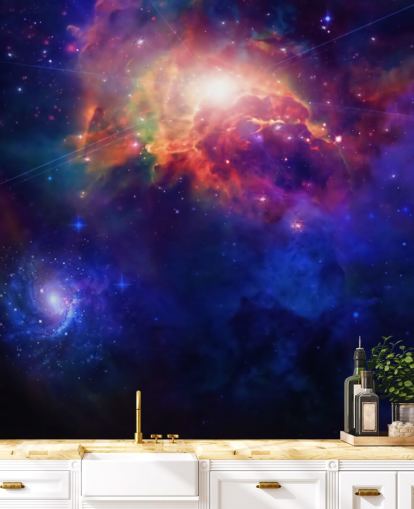 mural de papel de parede espacial personalizável azul e roxo chamado Espaço para quarto de criança