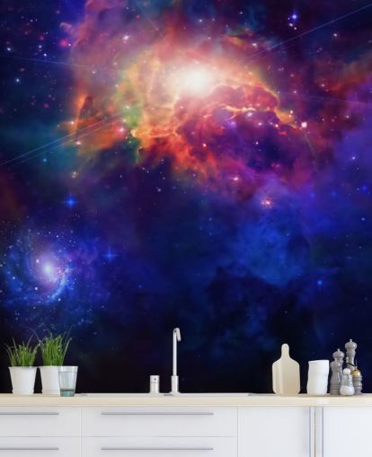 mural de papel pintado espacial personalizable azul y morado llamado Space for Child's bedroom mural de papel pintado espacial personalizable azul y morado llamado Space for Child's bedroom