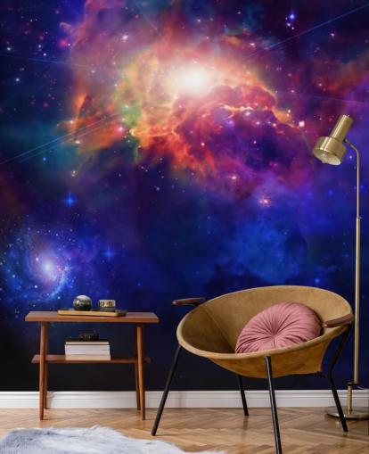 mural de papel pintado espacial personalizable azul y morado llamado Space for Child's bedroom