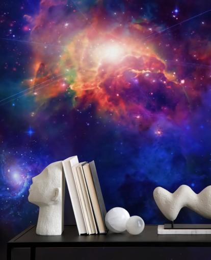 mural de papel pintado espacial personalizable azul y morado llamado Space for Child's bedroom