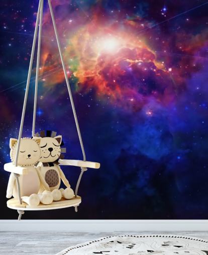 mural de papel pintado espacial personalizable azul y morado llamado Space for Child's bedroom