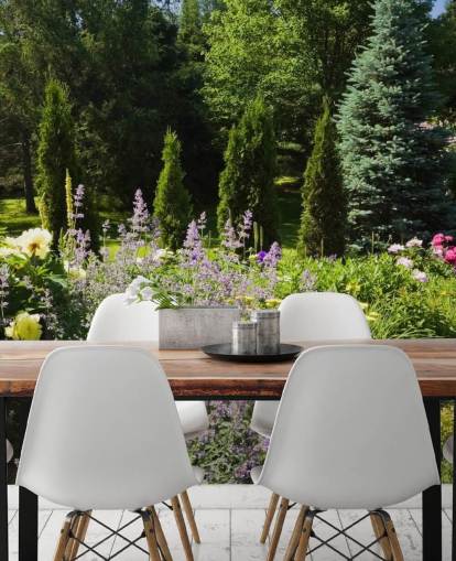 Charmante Britse tuin in zomermuurschildering Charmante Britse tuin in zomermuurschildering