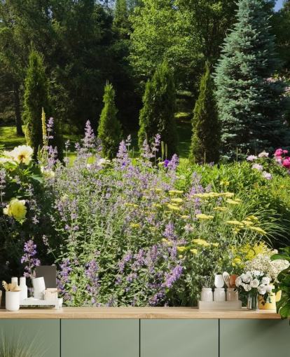 Decorazione murale con incantevole giardino britannico in estate 