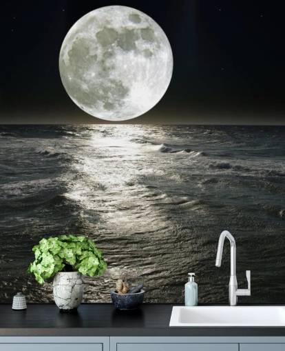 hvitt tilpassbart månetapetveggmaleri kalt Moon for soverom