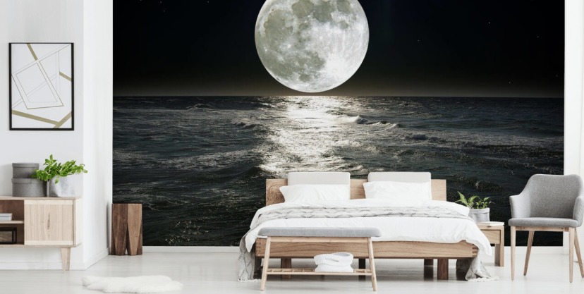 mural blanco personalizable de papel pintado de luna llamado Luna para dormitorios
