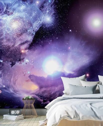 purple custom space wallpaper mural called Fantasy Space Nebula for ceilings and child's bedroom