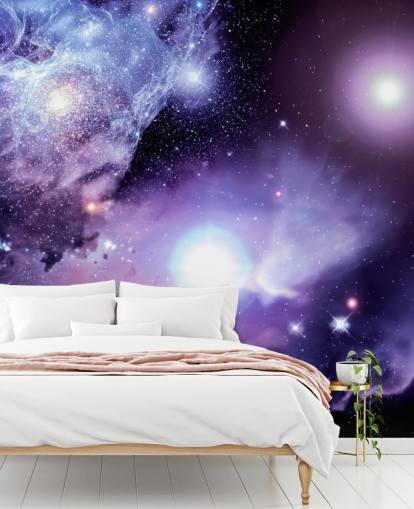 mural de papel pintado espacial personalizado de color morado llamado Fantasy Space Nebula para techos y dormitorios infantiles