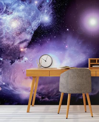 carta da parati murale viola personalizzata chiamata Fantasy Space Nebula per soffitti e camera da letto per bambini