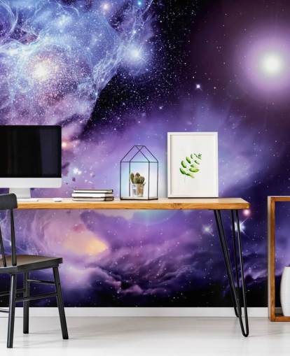 mural de papel de parede espacial personalizado roxo chamado Fantasy Space Nebula para tetos e quartos de crianças