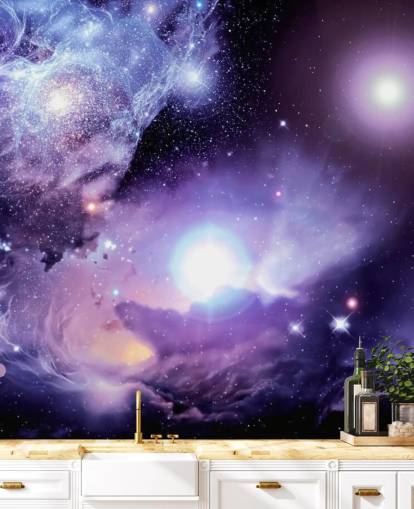 mural de papel pintado espacial personalizado de color morado llamado Fantasy Space Nebula para techos y dormitorios infantiles